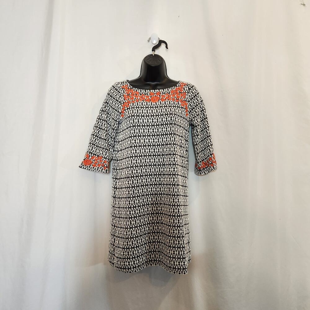 THML Carrie Black White Orange 70 Inspired Embroidered Comfy Knit Shift Dress SP
